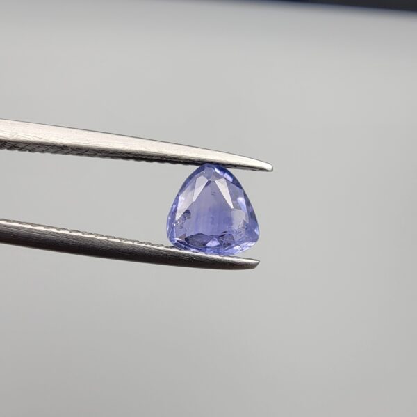Studio close-up photograph showcasing a 1.55-carat oval trillion-cut natural soft delicate periwinkle blue violet-blue sapphire loose gemstone featuring subtle color zoning and natural internal characteristics, held securely in precision tweezers.