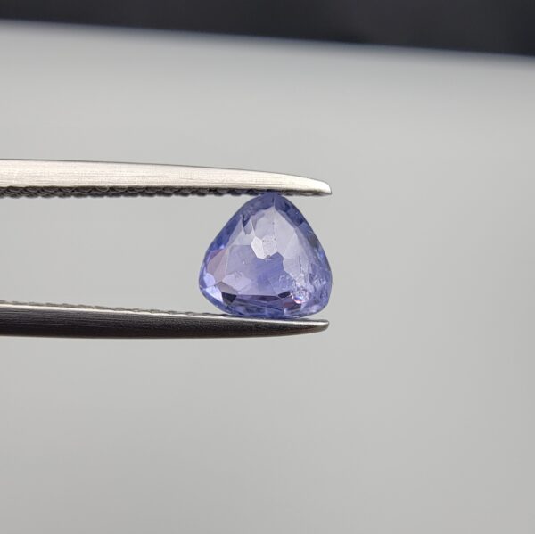Studio close-up photograph showcasing a 1.55-carat oval trillion-cut natural soft delicate periwinkle blue violet-blue sapphire loose gemstone featuring subtle color zoning and natural internal characteristics, held securely in precision tweezers.