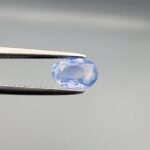 Studio close-up photograph showcasing a 1.38 carat oval-cut natural blue sapphire Neelam loose gemstone held securely in precision tweezers against a neutral grey background.