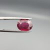 Studio close-up photographs displaying a 4.27-carat oval-cut natural rhodolite garnet gemstone held securely in precision tweezers against a neutral grey background.
