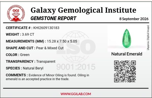 Digital image of a Galaxy Gemological Institute Gemstone Report (Certificate # KHI2609130183) dated September 8, 2026, detailing a 3.69 Carat Pear & Mixed Cut Natural Emerald with transparent green color.