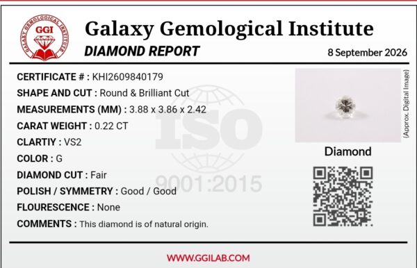Digital image of a Galaxy Gemological Institute Diamond Report (Certificate # KHI2609840179) dated September 8, 2026, detailing a 0.22 Carat Round Brilliant Cut Natural Diamond with G color and VS2 clarity.