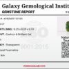 Digital image of a Galaxy Gemological Institute Gemstone Report (Certificate # KHI2609110189) dated September 9, 2026, detailing a 2.86 Carat Cushion & Brilliant Cut Natural Green Tourmaline with transparent clarity.