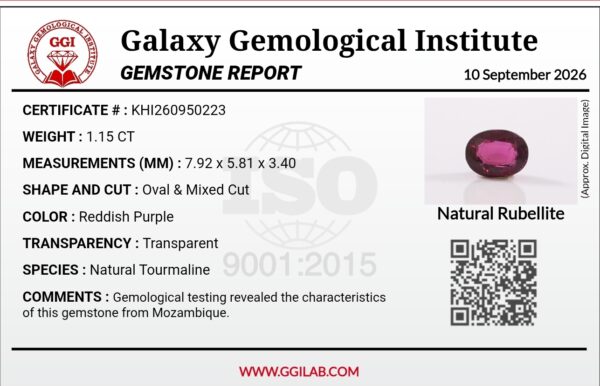 Digital image of a Galaxy Gemological Institute Gemstone Report (Certificate # KHI260950223) dated September 10, 2026, detailing a 1.15 Carat Oval & Mixed Cut Natural Rubellite Tourmaline from Mozambique with transparent reddish purple color.