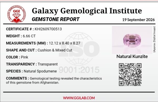 "Natural Kunzite gemstone 6.66 carat cushion mixed cut from Afghanistan with GGI gemological certificate showing weight, measurements, and species"