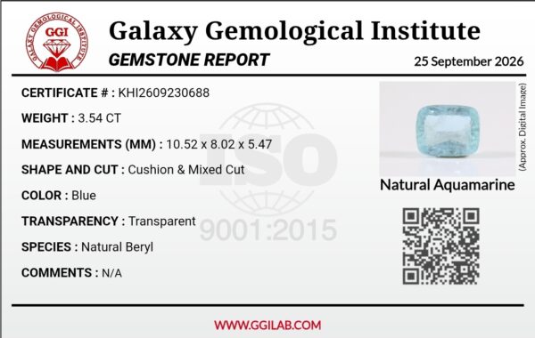 Galaxy Gemological Institute gem report certificate displaying specifications, QR code, and a digital product preview image of a 3.54 carat cushion mixed cut natural aquamarine gemstone.