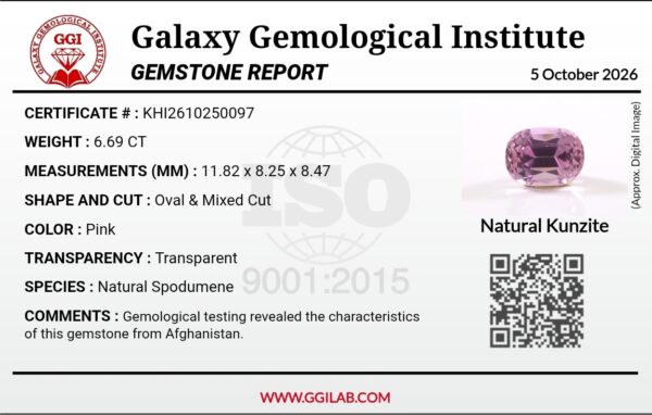 Official Galaxy Gemological Institute (GGI) certificate detailing a 6.69-carat natural pink kunzite from Afghanistan with oval and mixed cut dimensions, accompanied by a digital image of the loose gemstone.