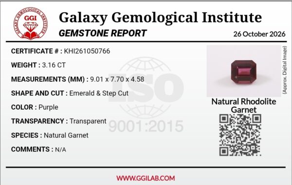 Official scan of a Galaxy Gemological Institute (GGI) Gemstone Report for a 3.16-carat Natural Rhodolite Garnet, detailing certificate number KHI261050766, emerald step cut measurements (9.01 x 7.70 x 4.58 mm), purple color, transparent clarity, and digital gem specimen image.