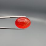 Studio close-up photographs displaying a 20.02-carat oval-cut natural radiant ember orangish-red agate Aqeeq gemstone, held securely in precision tweezers against a neutral grey background.