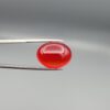 Studio close-up photographs displaying a 22.74-carat oval-cut natural crimson drop brilliant polished red agate Aqeeq gemstone, held securely in precision tweezers against a neutral grey background.