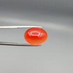Studio close-up photographs displaying a 19.08-carat oval-cut natural tangerine glow orangish-red agate Aqeeq gemstone, held securely in precision tweezers against a neutral grey background.