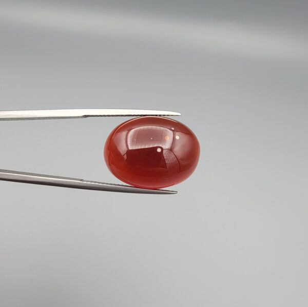 Studio close-up photograph showcasing a 23.84-carat natural carnelian agate Aqeeq cabochon with unique visible inclusions, held securely in precision tweezers against a neutral grey background.