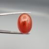 Studio close-up photograph showcasing a 22.63-carat natural carnelian agate Aqeeq cabochon with unique visible dark inclusions, held securely in precision tweezers against a neutral background.