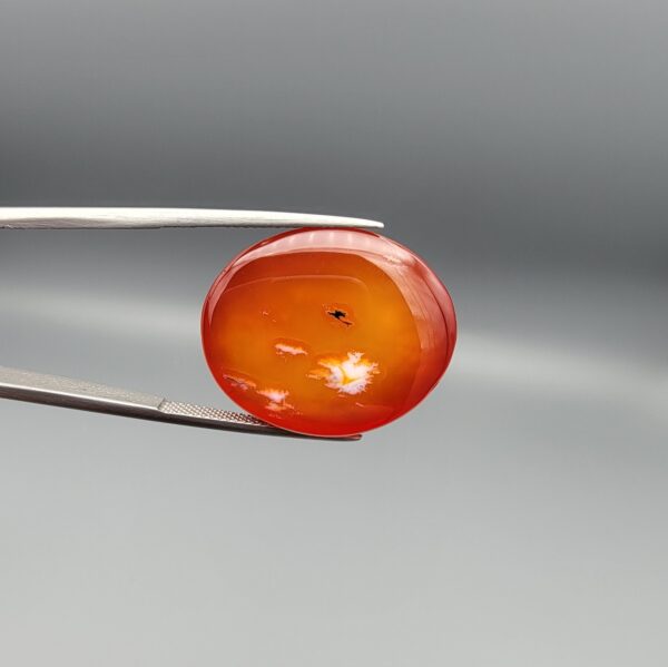 ​Studio close-up photographs displaying a 35.21-carat oval-cut natural nebula glow carnelian agate gemstone featuring unique white crystalline plumes, held securely in precision tweezers against a neutral background.