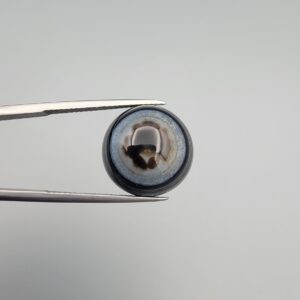 Close-up photograph of a 14.58-carat natural black eye agate cabochon gemstone held in stainless steel tweezers against a neutral grey background, displaying a striking concentric natural "eye" banding pattern.