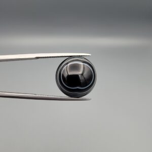 Close-up photograph of a 12.96-carat natural black eye agate cabochon gemstone held in stainless steel tweezers against a neutral grey background, displaying precise white concentric ring banding against a rich black body.