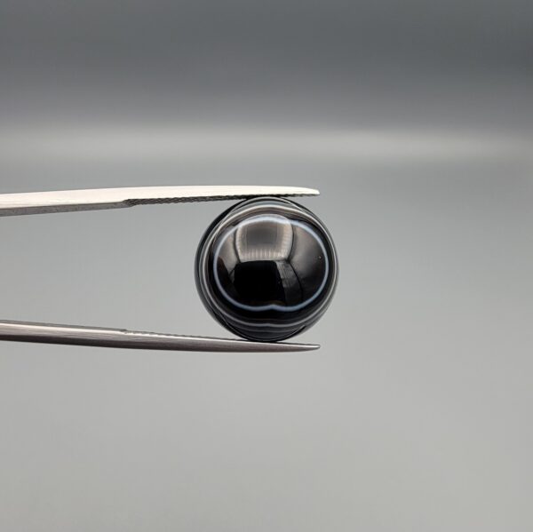 Close-up photograph of a 12.96-carat natural black eye agate cabochon gemstone held in stainless steel tweezers against a neutral grey background, displaying precise white concentric ring banding against a rich black body.