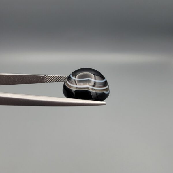 Close-up photograph of a 12.96-carat natural black eye agate cabochon gemstone held in stainless steel tweezers against a neutral grey background, displaying precise white concentric ring banding against a rich black body.