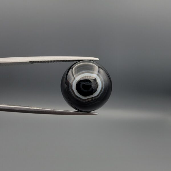 Close-up photograph of a 13.72-carat natural black eye agate cabochon gemstone held in stainless steel tweezers against a neutral grey background, featuring a distinct concentric white ring eye pattern on a polished black surface.