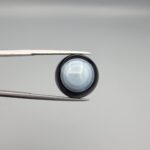Close-up photograph of a 12.21-carat natural black eye agate cabochon gemstone held in stainless steel tweezers against a neutral grey background, showcasing a prominent, luminous milky-white concentric eye pattern set against an intense black body.