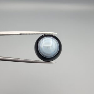 Close-up photograph of a 12.21-carat natural black eye agate cabochon gemstone held in stainless steel tweezers against a neutral grey background, showcasing a prominent, luminous milky-white concentric eye pattern set against an intense black body.