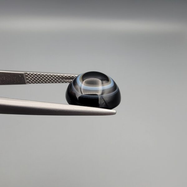 Close-up photograph of a 4.98-carat natural black eye agate cabochon gemstone held in stainless steel tweezers against a neutral grey background, featuring crisp white concentric eye rings framing a deep black center.