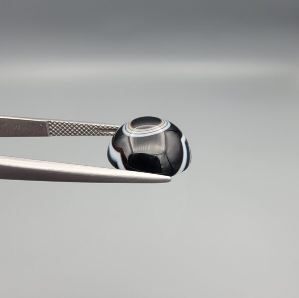 Close-up photograph of a 7.89-carat natural black eye agate cabochon gemstone held in stainless steel tweezers against a neutral grey background, featuring distinct concentric white eye rings and linear banding on a polished black surface.