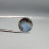 Close-up photograph of a 12.75-carat natural black eye agate cabochon gemstone held in stainless steel tweezers against a neutral grey background, showcasing a prominent concentric white eye pattern set against an intense black center and a patterned translucent greyish-blue reverse.