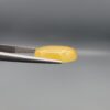 Close-up photograph of an 11.95-carat natural yellow chalcedony agate gemstone held in stainless steel tweezers against a neutral grey background, showcasing a translucent oval cabochon shape with a warm golden hue and high-polish finish.