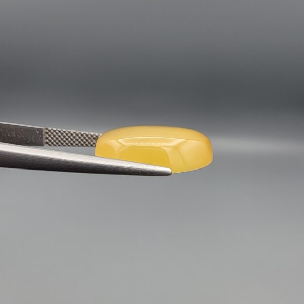Close-up photograph of an 11.95-carat natural yellow chalcedony agate gemstone held in stainless steel tweezers against a neutral grey background, showcasing a translucent oval cabochon shape with a warm golden hue and high-polish finish.