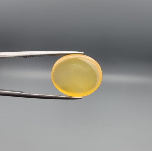 Close-up photograph of an 11.95-carat natural yellow chalcedony agate gemstone held in stainless steel tweezers against a neutral grey background, showcasing a translucent oval cabochon shape with a warm golden hue and high-polish finish.