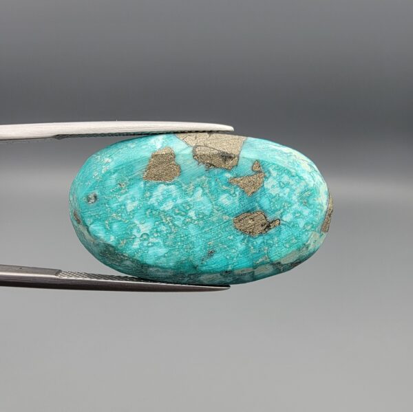 Close-up photograph of a 44.26-carat natural bright sky-blue Persian turquoise oval cabochon held in stainless steel tweezers against a neutral grey background, showcasing vibrant sky-blue saturation and distinct metallic pyrite patches.