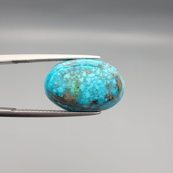 Close-up photograph of a 14.32-carat natural greenish-blue spiderweb Persian turquoise oval cabochon held in stainless steel tweezers against a neutral grey background, featuring intricate matrix patches and metallic pyrite inclusions.