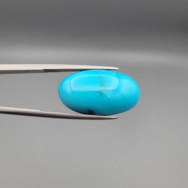 Multi-angle macro photographs of a 16.52-carat natural blue Sleeping Beauty turquoise (Razaki Feroza) oval cabochon held in tweezers, featuring a high-gloss sky-blue front face with a tiny dark inclusion and a reverse side showing a rich dendritic matrix pattern.