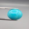 Multi-angle macro photographs of a 20.57-carat natural vibrant sky-blue Sleeping Beauty turquoise (Razaki Feroza) oval cabochon held in tweezers, showcasing a brilliantly polished front face and a reverse surface densely patterned with dark, mottled matrix inclusions.