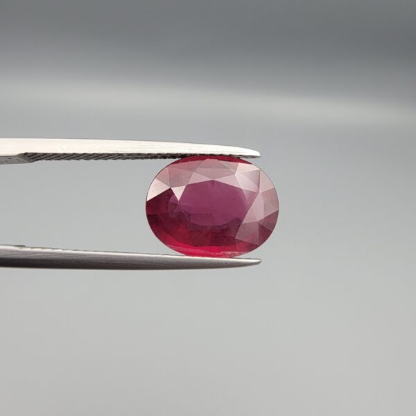 Macro photograph of a 4.27-carat natural oval-cut Rhodolite garnet from Madagascar held securely in metal tweezers, displaying deep raspberry-red coloration and precise facet symmetry.