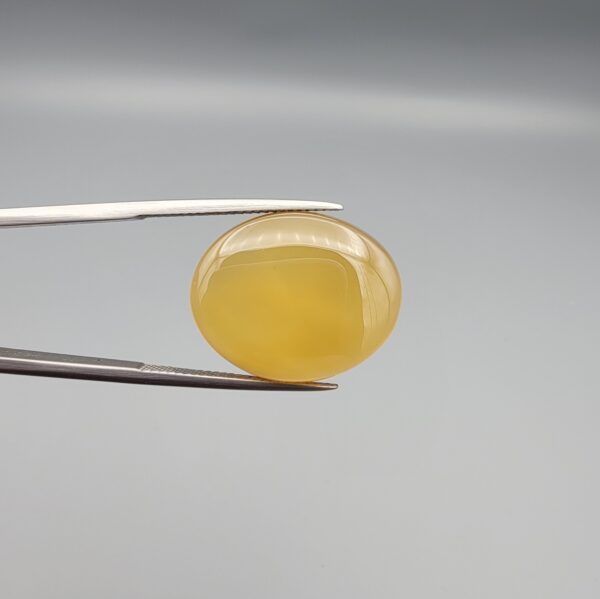 Multi-angle macro photographs of a 19.61-carat natural yellow chalcedony agate (Zard Aqeeq) oval cabochon from Iran held in metal tweezers, highlighting a smooth domed profile, uniform honey-yellow translucency, and a high-gloss reflective surface.