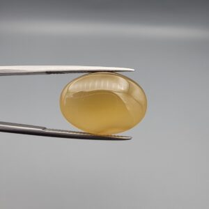Multi-angle macro photographs of a 16.65-carat natural yellow chalcedony agate (Zard Aqeeq) oval cabochon from Iran held in metal tweezers, highlighting a smooth domed profile, uniform honey-yellow translucency, and a high-gloss reflective surface.