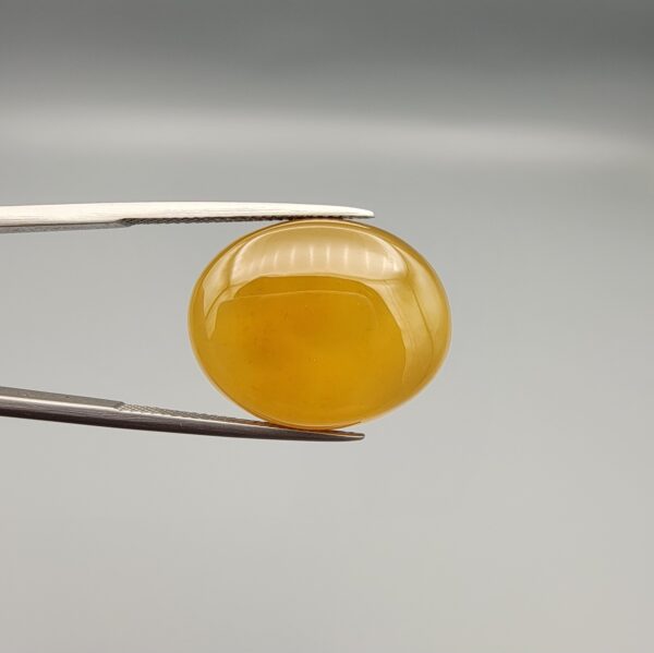 Multi-angle macro photographs of a 19.79-carat natural yellow chalcedony agate (Zard Aqeeq) oval cabochon from Iran held in metal tweezers, showcasing a smooth, domed surface, uniform honey-yellow translucency, and a high-gloss finish.