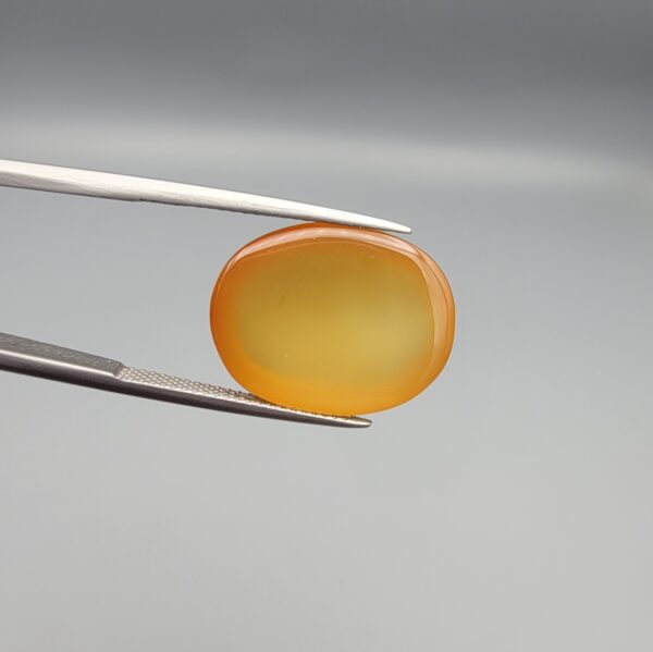 Multi-angle macro photographs of a 15.98-carat natural warm honey yellow chalcedony agate (Shehedi Zard Aqeeq) oval cabochon from Iran held in metal tweezers, showcasing a smooth domed profile, rich honey-colored translucency, and a mirror-like finish.