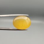 Multi-angle macro photographs of a 15.57-carat natural yellow chalcedony agate (Zard Aqeeq) oval cabochon from Iran held in metal tweezers, showcasing a smooth, domed surface, uniform honey-yellow translucency, and distinct natural internal vein inclusions.