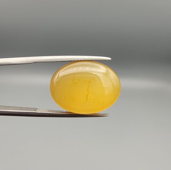 Multi-angle macro photographs of a 15.57-carat natural yellow chalcedony agate (Zard Aqeeq) oval cabochon from Iran held in metal tweezers, showcasing a smooth, domed surface, uniform honey-yellow translucency, and distinct natural internal vein inclusions.