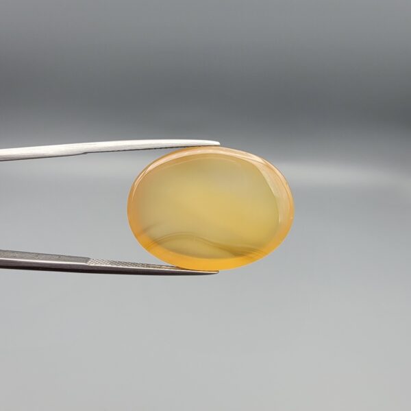 Multi-angle macro photographs of a 31.35-carat natural yellow chalcedony agate (Zard Aqeeq) oval cabochon from Iran held in metal tweezers, showcasing a smooth, domed profile, uniform honey-yellow translucency, and a high-gloss reflective surface.