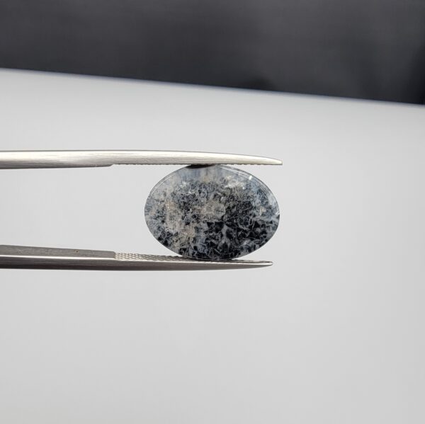 Multi-angle macro photographs of a 9.02-carat natural black banded agate (Sulemani Aqeeq) oval cabochon held in metal tweezers, showcasing a mirror-polished surface featuring an intricate, dense network of black and white crystalline dendritic and mosaic-like fracture patterns across the face.
