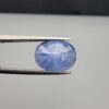 Multi-angle macro photographs of a 7.07-carat natural blue sapphire (Neelam) oval gemstone from Sri Lanka held in metal tweezers, showcasing precision oval faceting, a cornflower blue body, natural internal texturing, and dark mineral inclusions.