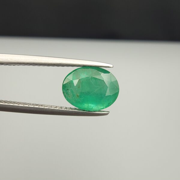 Macro photograph of a 2.19-carat natural Zambian emerald (Zamrud) held in metal tweezers, displaying a faceted oval cut, vivid green saturation, and fine natural internal inclusions (jardin) across the crown.