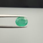 Macro photograph of a 1.91-carat natural Zambian emerald (Zamrud) held in metal tweezers, showcasing a faceted oval cut, vivid green hue, and natural internal crystal growth inclusions (jardin) across the crown.