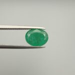 Macro photograph of a 2.69-carat natural Zambian emerald (Zamrud) held horizontally in stainless steel gem tweezers against a neutral background, displaying a faceted oval cut, vivid rich green color, and fine natural internal inclusions (jardin) across the table.