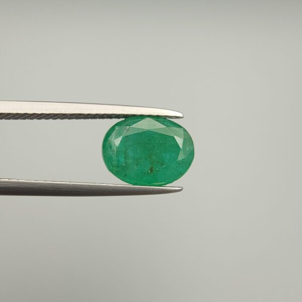 Macro photograph of a 2.69-carat natural Zambian emerald (Zamrud) held horizontally in stainless steel gem tweezers against a neutral background, displaying a faceted oval cut, vivid rich green color, and fine natural internal inclusions (jardin) across the table.