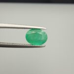 Macro photograph of a 1.51-carat natural Zambian emerald (Zamrud) held in metal gem tweezers, displaying a faceted oval cut, vivid green saturation, and fine natural internal inclusions (jardin) across the table.